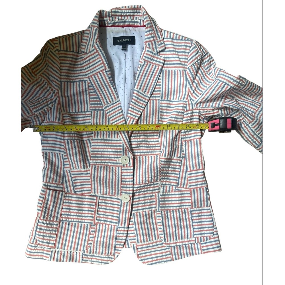 Talbots Seersucker Blazer Patchwork Stripe 3/4 Sleeve Career Jacket 2 - Picture 6 of 7